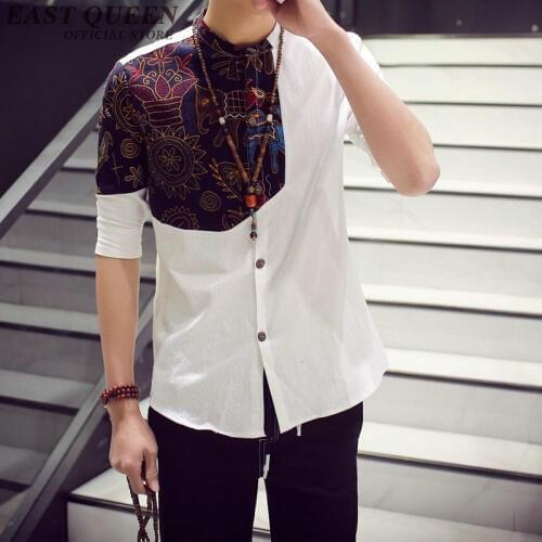 Traditional Chinese clothing for men vintage floral print mens white linen shirt traditional Chinese male clothing KK1004 HQ