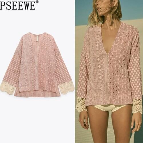 PSEEWE Za Cutwork Embroidery Blouses Women Shirt Pink Floral Summer Top Woman 2021 Vintage Crochet Long Sleeve Elegant Blouses