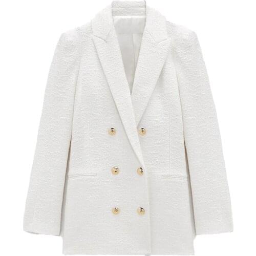 Za Women 2021 Fashion white Double Breasted Tweed Check Blazer Coat Vintage Long Sleeve Pockets Female Outerwear Chic