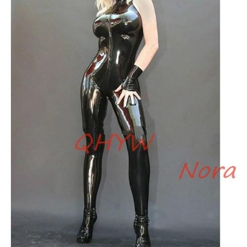 Women Latex Suit Rubber Catsuit with Front Zipper Gloves Black Bodysuit Party Wear Size XXS~XXL