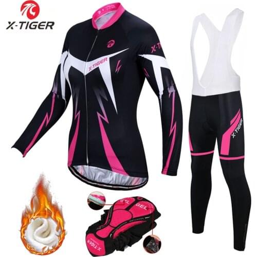 X-Tiger Women Winter Thermal Fleece Cycling Jersey Set Super Warm Mountain Bicycle Cycling Sportswear Bike Cycling Clothing