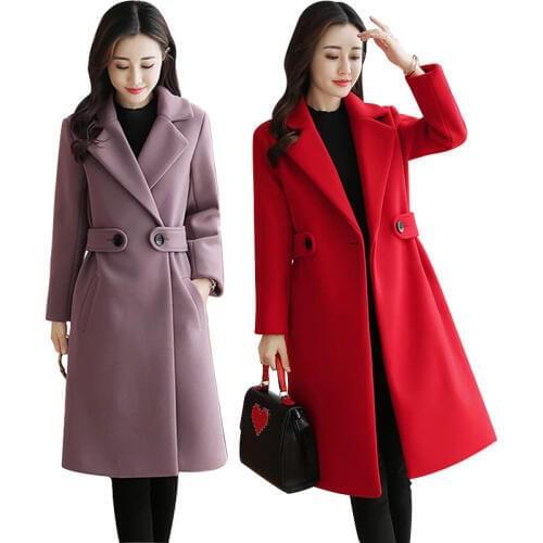 Winter Wool Jacket Womens Korea Slim Temperament Suit collar Long Overcoat Solid color Woolen Female Warm Coat Fashion Clothing