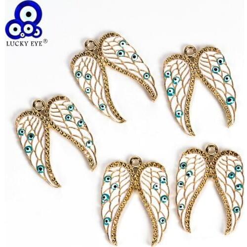Lucky Eye Gold Wings Charms Angel Wings Drop Oil Evil Eye Pendant For Necklace Bracelet Jewelry Making Accessories