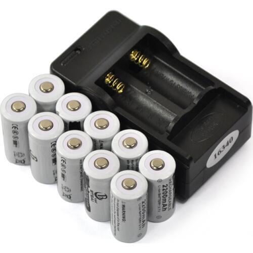 10pcs 16340 2200mah Rechargeable Battery CR123A 3.7V 16340 2200mAh Rechargeable li-ion Batteries+charger