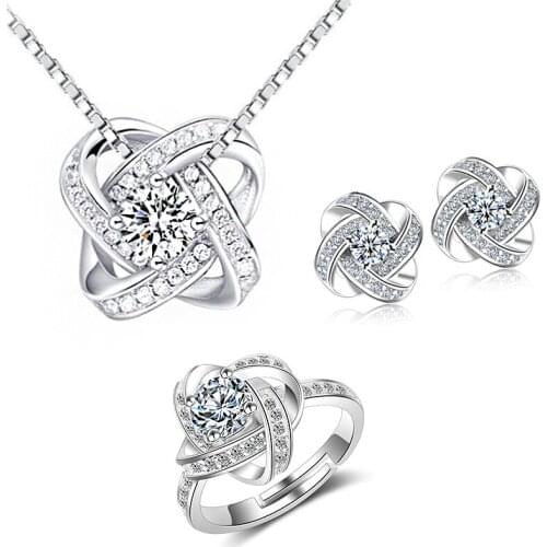 3 in 1 Luxury 5A Zirconia Crystal Flower Pendants Necklaces Stud Earrings Ring Jewelry Sets Wedding Party Gifts for Women