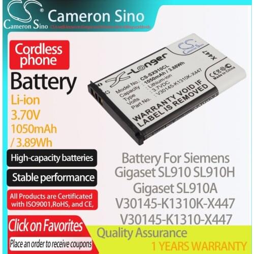 CameronSino Battery for Siemens Gigaset SL910 SL910H SL910A fits Siemens V30145-K1310K-X447 Cordless phone Battery 1050mAh 3.70V