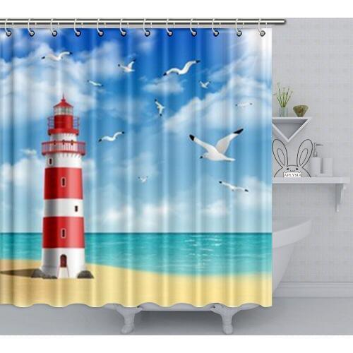 Aplysia Lighthouse on Sea Beach Cartoon Illustration Interior Decor Shower Curtain 72x72 Inches Eco-Friendly Washable with Hooks