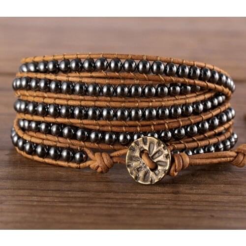 Vintage leather wrap bracelet Layering 4mm Hematite beaded bracelet Yoga bracelet for women Friendship gift Dropshipping