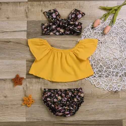 DHL 100set Baby Girls Off Shoulder Tops + Shorts + Flower Headband 3pcs Casual Cotton Girl sets 0-24M