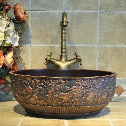 Europe Vintage Style Ceramic Art Basin Sink Counter Top Wash Basin Bathroom Sinks vanities wash basin brown color carving