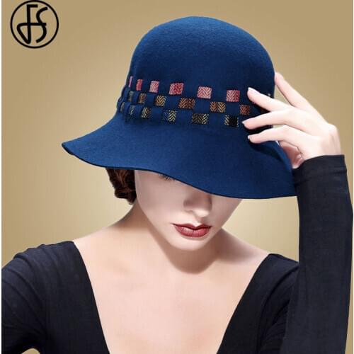 FS Wide Brim Fedora Hats For Women Royal Blue Felt Cloche Wool Hat Chapeau Feminino Party Church Derby Dome Floppy Top Hats