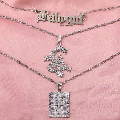 JJFOUCS Women Multilayer Metal Chain Choker Necklace Silver Color Crystal Dragon Butterfly Babygirl Pendant Necklace Jewelry