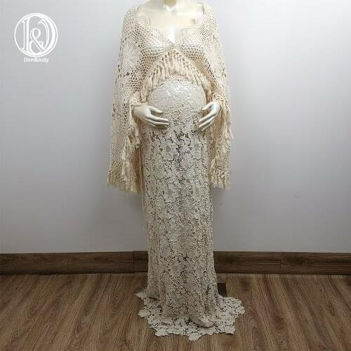 Don&Judy 2pcs Set Cotton Crocheting Cape Tippet with Matched Skirt Retro Beige Dress Sexy V Neck Pregnancy Dress for Photo Shoot
