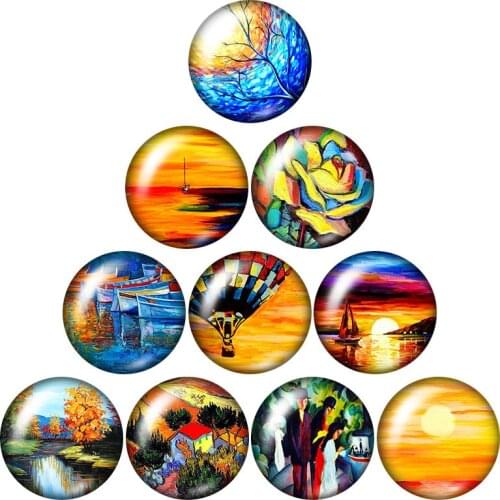 Oil paintings hot air balloon 10pcs mixed 12mm/16mm/18mm/25mm Round photo glass cabochon demo flat back Making findings ZB1123