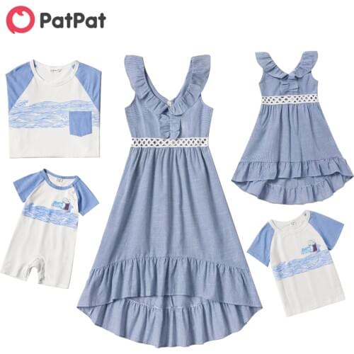 PatPat 2021 New Arrival Mosaic 100%Cotton Casual Light Blue Series Sets(V-neck Dresses - Shark Rompers -Tops)
