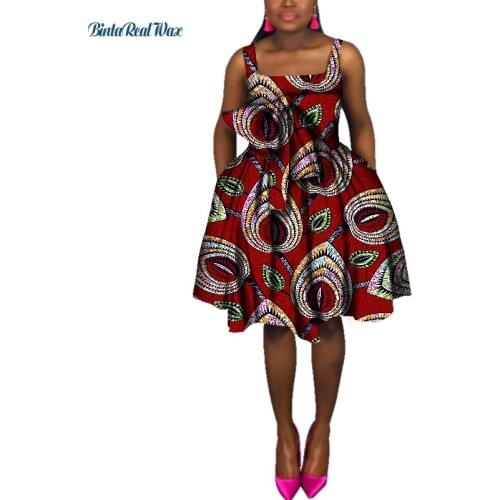 New African Wax Print Dresses for Women Bow Knot Strap Ankara Knee-Length Dress Bazin Riche African Design Women Clothing WY174