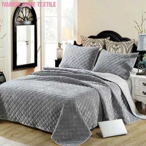 Solid Gray Color Luxury Velvet Super Soft Plush Diamond Tufted Quilted Bedspread Coverlet Bedding set Full Queen 3 Piece