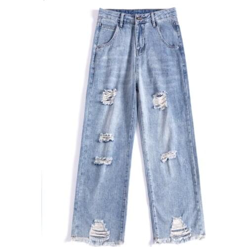 Ripped Straight-leg Jeans Womens Spring and Summer Loose Thin High-waisted Nine-point Wide-leg Pants