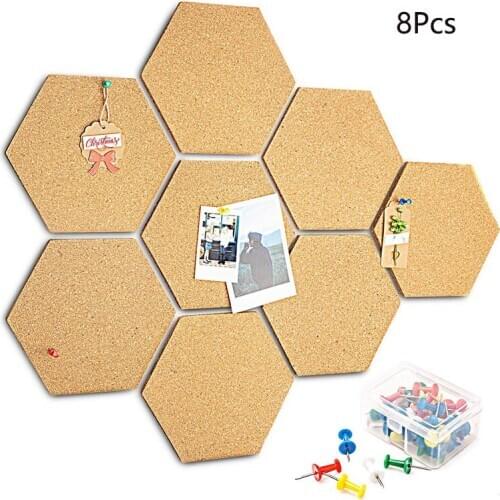 8Pcs Self-adhesive Hexagon Message Cork Board Cafe DIY Photo Wall Decor with 40Pcs Pins