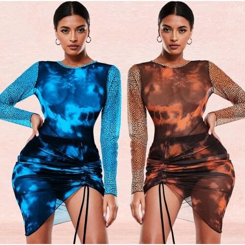 Sexy Mesh See Through Dresses Women Long Sleeve Side Drawstring Asymmetrical Bodycon Summer Tie Dye Fashion Club Wear Mini Dress