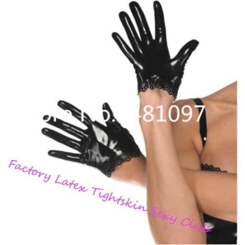 Sexy Black Latex Rubber Gloves Lace Edge for Club Catsuit Wear victorian gauntlets