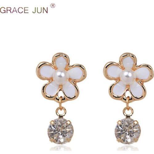 GRACE JUN Womens Clip on Earrings No Pierced for Women High Quality Enamel Rhinestone Flower Shape No Hole Earrings Wholesale