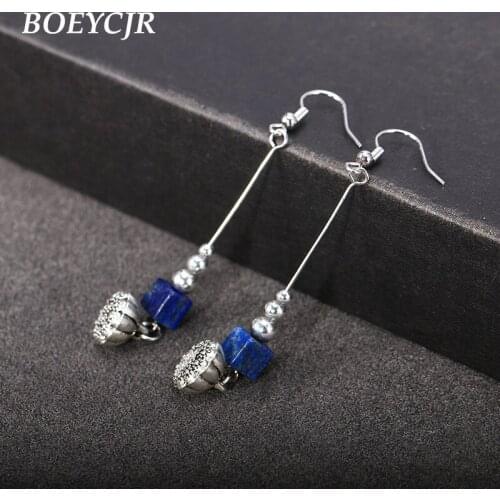 BOEYCJR Natural Blue Stone Bead Drop Earrings Handmade Nepalese Ethnic Flower Earrings Fashion Jewelry Dangle Earrings for Women