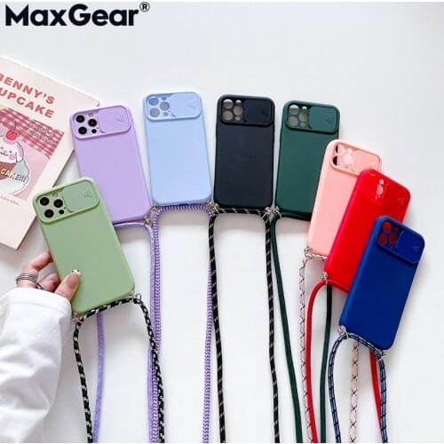 Slide Camera Lens Protection Case For iPhone 11 12 Pro Max XS X XR 8 7 Plus SE 2020 Mini Hang Strap Lanyard Silicone Candy Cover
