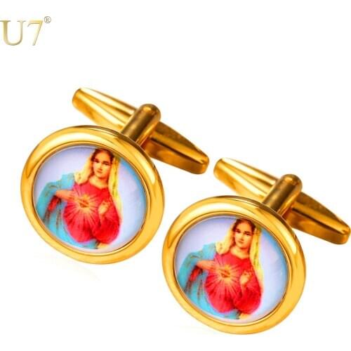 U7 Virgin Mary Cufflinks For Men/Women Gold Color Catholic Religious Trendy Jewelry & Gift Box Shirts Cuff Links C035