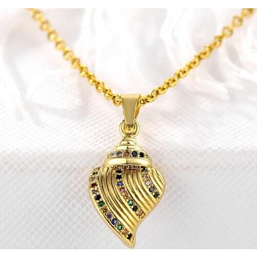 Colorful Shell Conch Necklace Womens Pendant Gold Plated Copper Micro AAA Inlaid Zircon Stainless Steel Chain Statement Jewelry