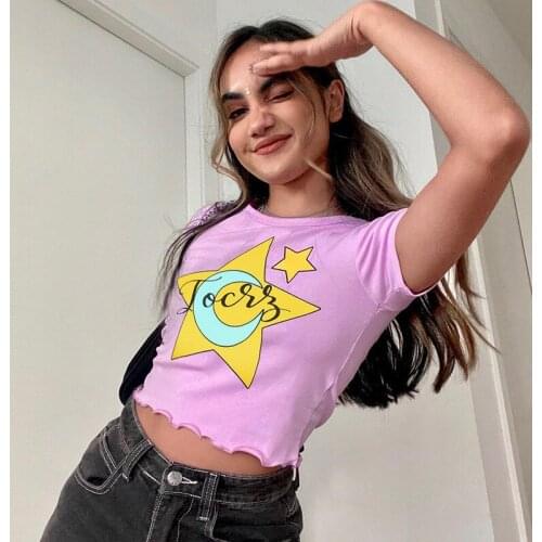 Womens Summer Crop Tops Short Sleeve Moon Star Letter Print Lettuce Hem Slim Fit Tee Shirts