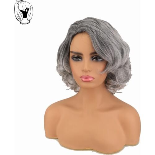 QQXCAIW Women Wig Short Curly Black Grey Bob Wig Synthetic Middle Part Hair Full Head ombre Heat Resistant Wig