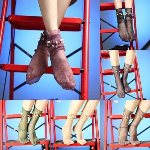 1 Pairs Ladies Women Fashion Nylon Elastic Short Ankle Sheer Stockings Silk With Pearl Solid Thin Stocking 6 Style