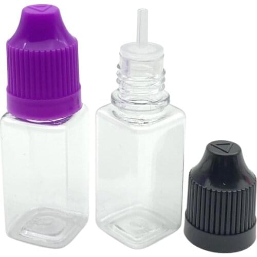 100pcs Empty Square 10ml Plastic Dropper Bottle with Childproof Cap and Thin Tip Clear PET E liquid Needle Bottle