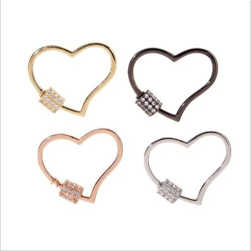 2PCS, Heart Shape Jewelry Clasps Lock Carabiner Micro Pave CZ Copper Connector Clasp in silver/gold/rose gold/black color