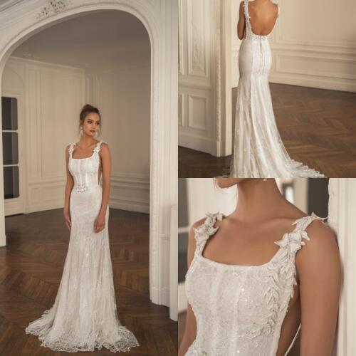 2020 Mermaid Wedding Dresses Square Collar Lace Applique Bohemian Bridal Gowns Illusion Boho Sexy Backless Wedding Dress