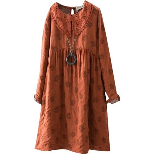 2021 Spring New Printed Cotton Linen Dress Loose Turn Collar Long Sleeve Mori Girl Fashion Women Dress YoYiKamomo