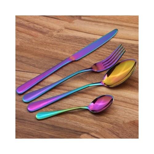 4 Pcs Colorful Rainbow Dinnerware Set Stainless Steel Cutlery Set Black Knife Fork Set Tableware Cutleries Western Food Set