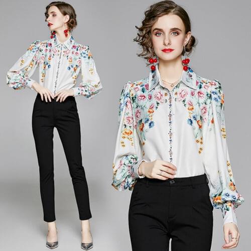 Print Womens Blouse Loose Polo Girls Shirt Summer Season Fashion Plus Size Casual Chiffon Long Sleeve Top Lady Blusas Houthion