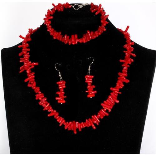 Bohemia Red Coral Beads Bridal Jewelry Sets Collares Handmade Chain Necklace/ Drop Earrings/Bracelet Jewelry Set For Womem