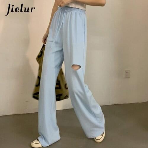 Jielur High-waist Sports Pants Women Summer Korean Style Loose Wide-leg Pant Female Straight White Blue Trousers M-L 2021 New