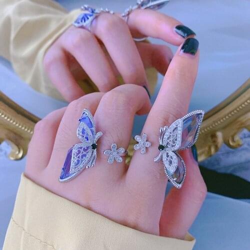 Statement Flower Butterfly Open Rings For Women New Trends Jewelry Personality Crystal Big Ring Adjustable