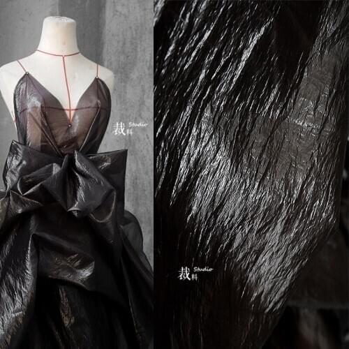 Imitation plastic cloth Laver black perspective mesh pleated texture clothing designer original fabrics for patchwork