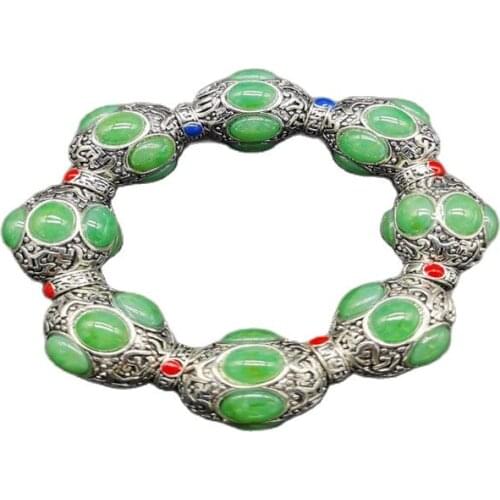 China Old Tibetan Silver Inlaid Green Colour Jade Bead Hand String Bracelet