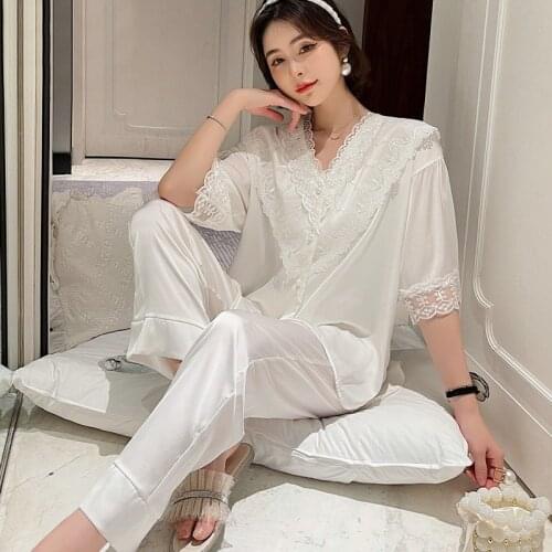 Lace V-Neck Sleepwear Long Sleeve Pajamas Sleep Suit Women Two Pieces Shirt&Pants Sets Nightwear Satin Sexy Pyjamas Lingerie