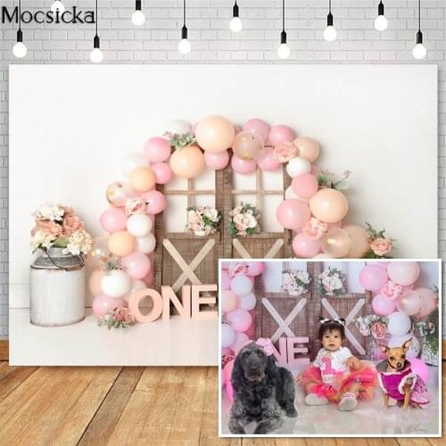 Mocsicka Cake Smash Girls Birthday Photography Backdrops Pink Balloon Flower Wooden Door Decor Photocall Background Photo Studio
