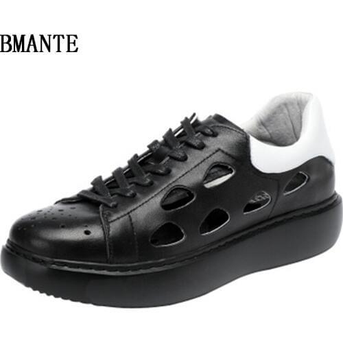 Bmante Genuine Leather Men Women Shoes Matte Hole Hollow Thick Bottom Lace-up Sponge Shoes Trainers Gothic Owen Male Sneakers