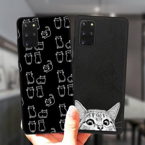 For Samsung S21 S20 FE Ultra S8 S9 S10 Plus S7 Edge S10E S21Plus Lite Black Phone Case Cute Space Happy Cats Soft Silicone Cover