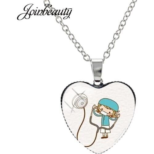 JOINBEAUTY Women Nurse Doctor Stethoscope Picture Necklace Heart Shape Pendant Fashion Chain Necklace Jewelry Gift NT274