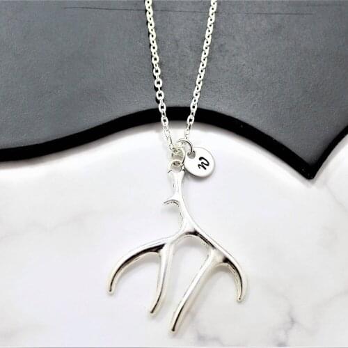Antler Necklace for Women Personalized Initial Elk Deer Buck Stag Shed Womens Hunting Gifts Silver Antler Necklace Gift for Her